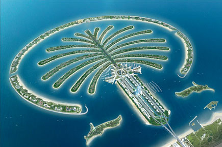 Letecký pohled na jediný komplex umělých ostrovů Palm Islands, který je vidět i z kosmu, Zdroj: nation-branding.info